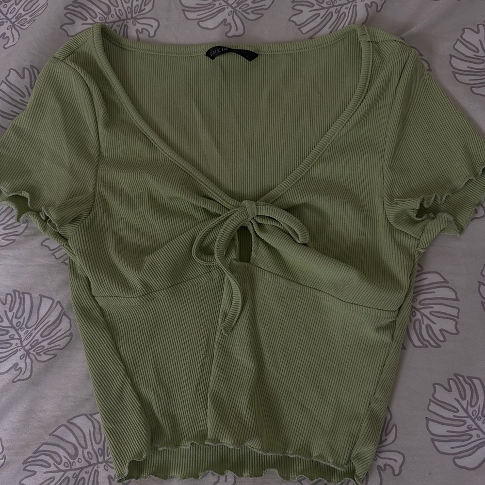 SHEIN Sage Green Ribbed Knot-Front Blouse